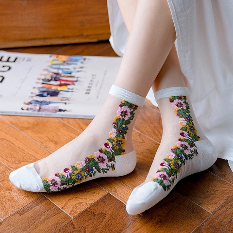 Calze da Donna Vintage con Ricamo Floreale in Rete Velata Calzini in Nylon Trasparenti e Traspiranti Moda Estiva Elegante