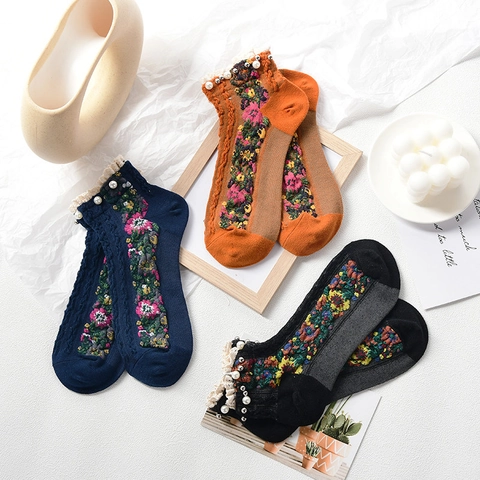 Vintage Women Lace Trim Short Socks With Artificial Pearl Floral Embroidery Cotton Knitted Low Cut Soft Fashion Socks