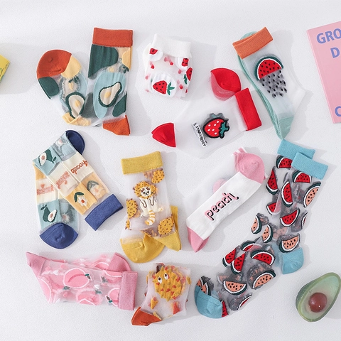 Damen Japanischer Stil Transparent Fruchtmuster Socken Netz Atmungsaktiv Dünn Sommer Erdbeere Avocado Pfirsich Mode Süß Crew Socken Für Mädchen