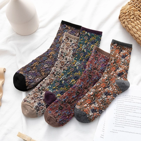 Damen Retro Blumen Jacquard Crew Socken Baumwolle Zopfmuster Herbst Winter Warm Mittlere Wadenhoch Socken Lässige Literarisch Stil
