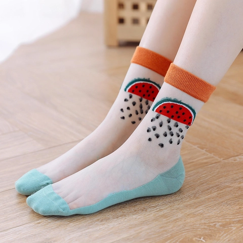 Damen Japanischer Stil Transparent Fruchtmuster Socken Netz Atmungsaktiv Dünn Sommer Erdbeere Avocado Pfirsich Mode Süß Crew Socken Für Mädchen