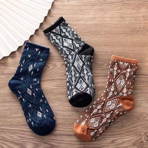 Chaussettes Mi-mollet en Jacquard Géométrique Vintage pour Femmes Style Preppy Coréen Chaussettes en Coton Chaudes Motif Ethnique Rétro