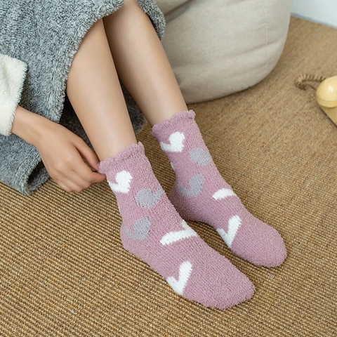 Calcetines de Dormir de Vellón de Coral Gruesos para Mujer Lindos con Patrón de Oso y Corazón Calcetines de Invierno Cálidos para el Hogar