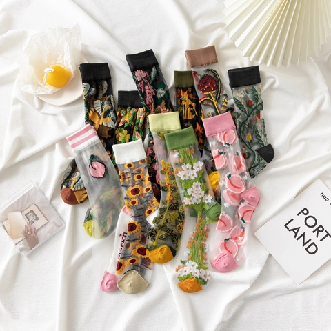 Women Retro Sheer Mesh Crew Socks Floral Fruit Embroidery Transparent Japanese Style Nylon Silk Socks For Summer