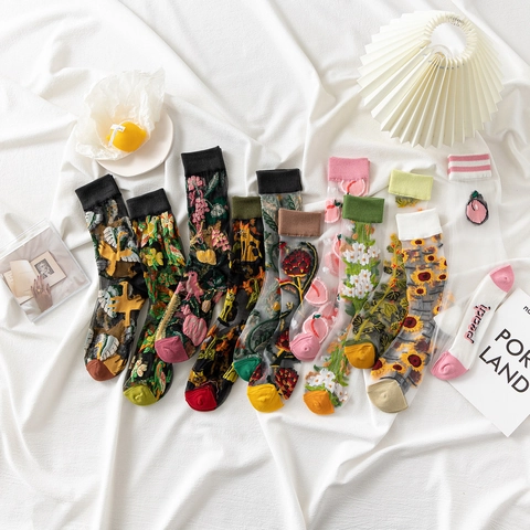 Women Retro Sheer Mesh Crew Socks Floral Fruit Embroidery Transparent Japanese Style Nylon Silk Socks For Summer
