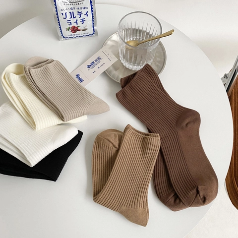 Damen Slouch Socken Baumwollmischung Rippstrick Mittelhohe Socken Einfarbig Atmungsaktiv Doppelstrick Lässige Hosiery Im Japanischen Stil