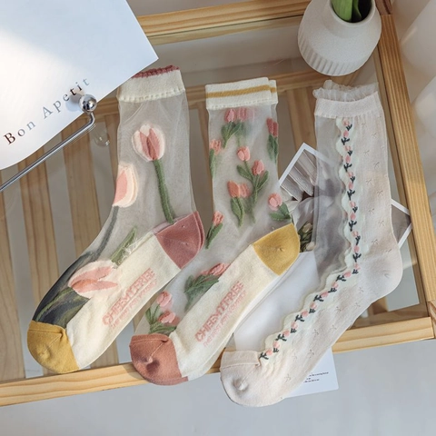 Chaussettes Mi-hautes Transparentes Broderie Tulipe Femme Maille Fine Respirante Polyamide Nylon Style Fée Été