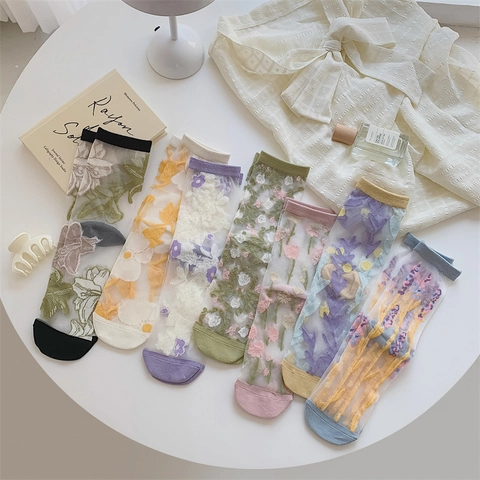 Women's French Vintage Sweet Floral Embroidered Sheer Mesh Crew Socks Breathable Transparent Cotton Blend Hosiery Socks
