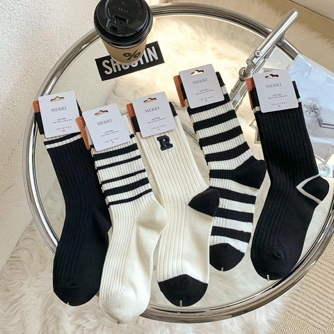 Women Japanese Style Slouch Socks Cotton Blend R-Letter Embroidered Striped Middle Tube Crew Socks Casual Fashion Leg Warmers