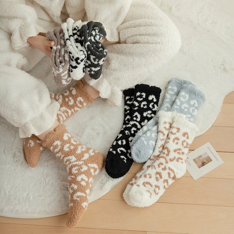 Women Leopard Print Coral Fleece Socks Winter Thickened Warm Fuzzy Home Sleep Socks Soft Long Floor Socks For Ladies