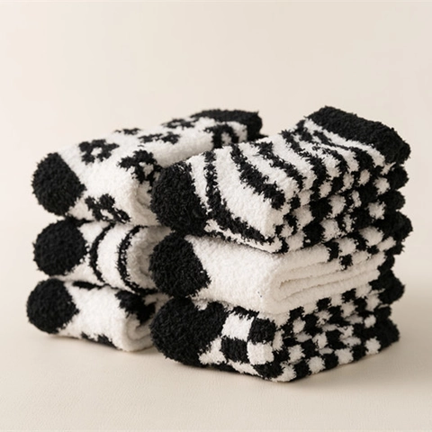 Women Black White Coral Fleece Fuzzy Socks Thickened Warm Home Sleeping Socks Heart Stripe Checkerboard Floor Socks