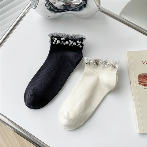 Calcetines Invisibles De Algodón Acanalado Estilo Coreano Para Mujer Con Borde De Encaje Y Decoración De Perla Artificial