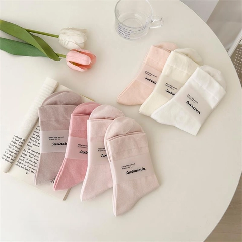 Damen Weiche Baumwolle Crew Socken Japanischer Stil Einfarbig Atmungsaktiv Bequem Gerippt Mittelhoch Socken Herbst Winter Warm Socken
