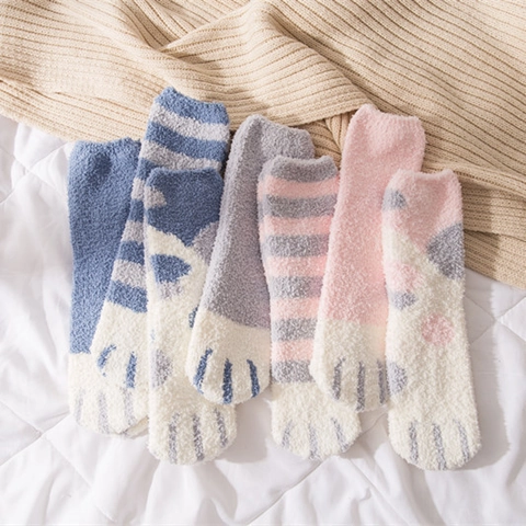 Women Thick Coral Fleece Cat Claw Floor Socks Warm Fuzzy Striped Polka Dot Japanese Style Winter Plush Sleep Socks