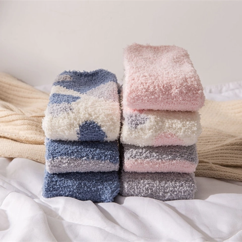 Women Thick Coral Fleece Cat Claw Floor Socks Warm Fuzzy Striped Polka Dot Japanese Style Winter Plush Sleep Socks