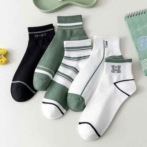 Men's Cotton No Show Socks Breathable Athletic Sporty Letter Print Striped Casual Ankle Socks For Men Retro Style