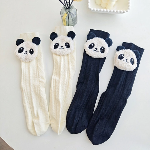 Damen Süße 3D Plüsch Panda Kopf Mittelhohe Socken Baumwolle Koreanischer Stil Schweißabsorbierend Casual Fashion Socken Für Mädchen