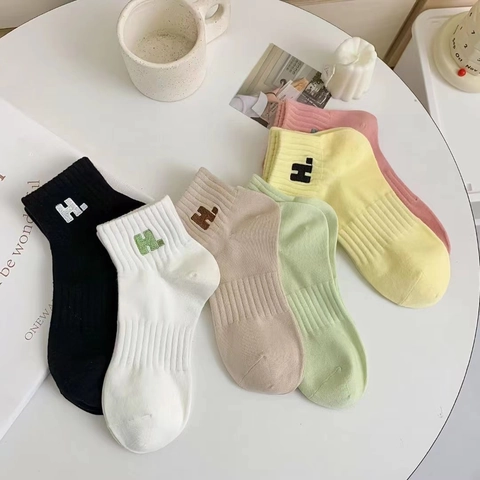 Women's Cotton Blend Embroidered No Show Socks Minimalist Letter H Pattern Breathable Sweat Absorbent Low Cut Boat Socks Everyday Casual Hosiery