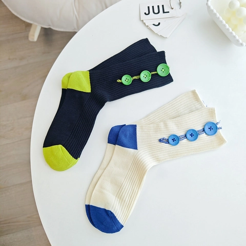 Dames Socken Koreaanse Stijl Katoen Halfhoge Sokken Geribd Met Decoratieve Knoppen Kleurblok Mode Casual Sokken