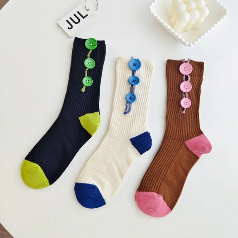 Dames Socken Koreaanse Stijl Katoen Halfhoge Sokken Geribd Met Decoratieve Knoppen Kleurblok Mode Casual Sokken