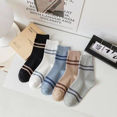 Calze a Metà Polpaccio da Uomo in Cotone Casual a Righe Motivo a Onde Traspiranti Crew Socks Comode Morbide Sportive