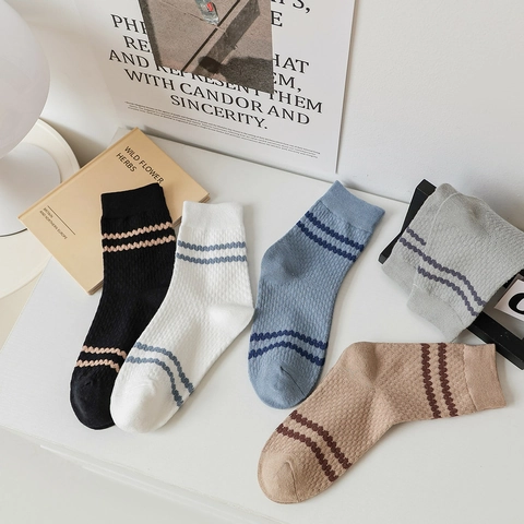 Calze a Metà Polpaccio da Uomo in Cotone Casual a Righe Motivo a Onde Traspiranti Crew Socks Comode Morbide Sportive