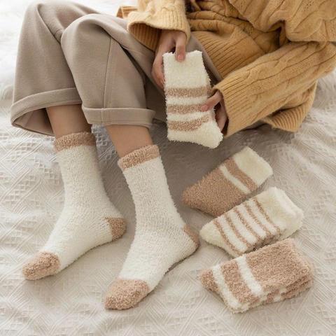 Dames Winter Verdikte Koraalvlies Sokken Warm Pluizig Gestreepte Slaapsokken Zachte Huishoudelijke Vloersokken Voor Dames