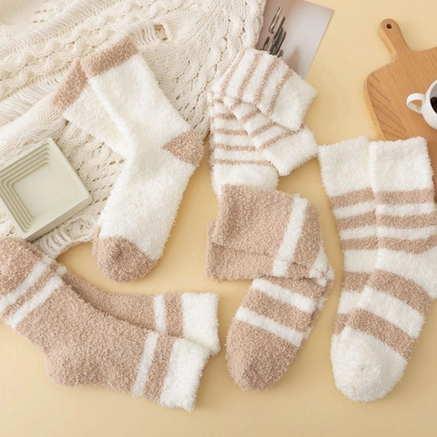 Dames Winter Verdikte Koraalvlies Sokken Warm Pluizig Gestreepte Slaapsokken Zachte Huishoudelijke Vloersokken Voor Dames