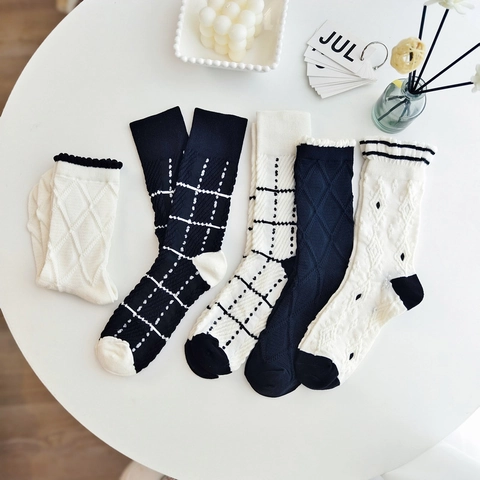 Chaussettes Kawaii Japonaises Lolita À Volants Pour Femmes Doux Coton À Pois Losanges Carreaux Chaussettes Mi-Hautes À La Mode