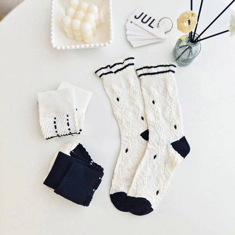 Chaussettes Kawaii Japonaises Lolita À Volants Pour Femmes Doux Coton À Pois Losanges Carreaux Chaussettes Mi-Hautes À La Mode