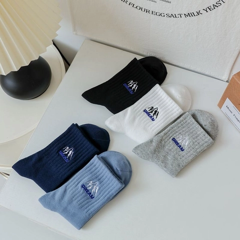 Men Cotton Mid-Calf Socks Korean College Style Mountain DREAM Embroidery Ribbed Simple Breathable Casual Crew Socks