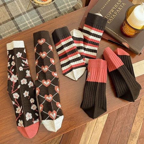 Calcetines de Algodón Vintage a Media Pierna para Mujer Transpirables Cálidos Retro Estampado Floral Corazón Rayas Casual Punto Suave