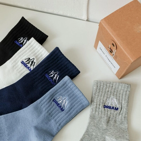 Men Cotton Mid-Calf Socks Korean College Style Mountain DREAM Embroidery Ribbed Simple Breathable Casual Crew Socks