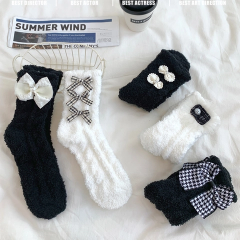 Dames Winter Verdikt Koraalvlies Middenbuis Sokken Luxe Strik Kunstparel Decoratie Pluche Zoet Huis Slaapsokken