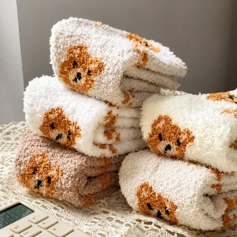 Women's Cute Cartoon Bear Pattern Coral Fleece Socks Thickened Fuzzy Mid-calf House Sleeping Floor Socks Warm Winter Hosiery