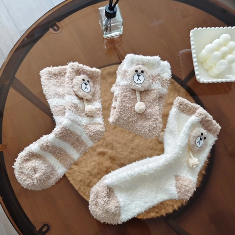 Dames Koraalvlies Verdikte Warme Wintersokken Japanse Stijl 3D Cartoon Beer Thuis Kuitlengte Slaapsokken Voor Thuis