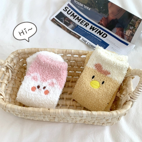Women Thick Coral Fleece Winter Warm Home Socks Cartoon Animal Pig Chick Fuzzy Fluffy Cozy Sleep Socks For Indoor Floor