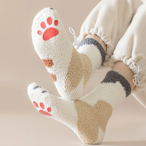 Dames Schattige Kattenpoot Koraalfleece Slaapsokken Dik Warm Winter Thuis Vloersokken Antislip Polyester Pluizige Sokken