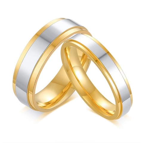 Bagues de Couple Minimalistes en Acier Inoxydable Bicolore Plaqué Or Argent Polies pour Hommes Femmes Bijoux