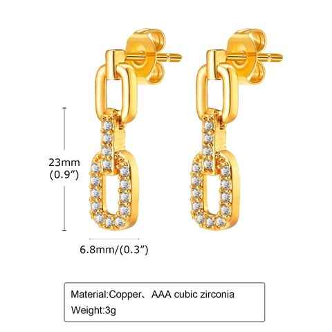 Gold Copper Zirconia Double Ring Chain Dangle Earrings Geometric Rectangle Inlaid Zirconia Drop Earrings For Women Jewelry