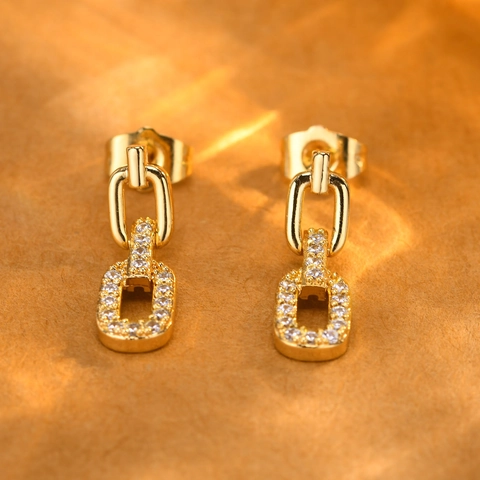 Gold Copper Zirconia Double Ring Chain Dangle Earrings Geometric Rectangle Inlaid Zirconia Drop Earrings For Women Jewelry