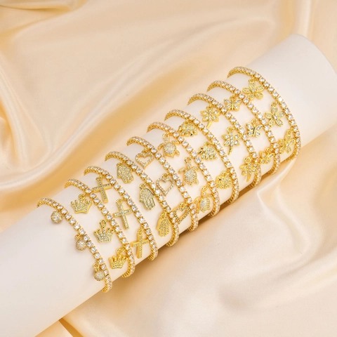 Moda Rame Oro Zirconia Regolabile Bolo Bracciale per Donna Hamsa Croce Cuore Farfalla Elefante Pendente Catena Tennis Gioielli
