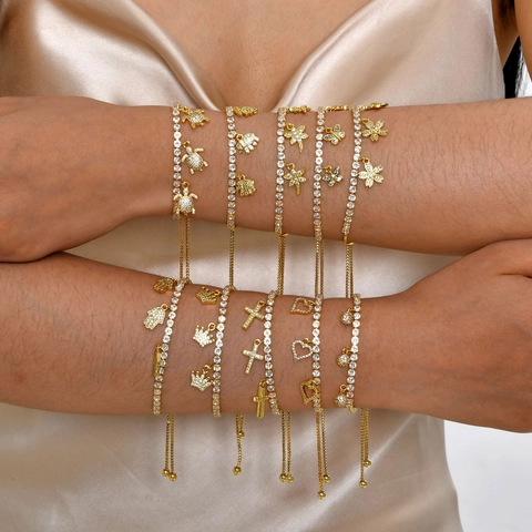 Moda Rame Oro Zirconia Regolabile Bolo Bracciale per Donna Hamsa Croce Cuore Farfalla Elefante Pendente Catena Tennis Gioielli