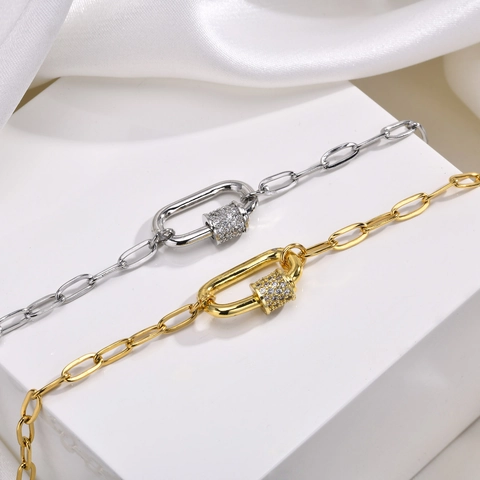 Collar con Colgante de Mosquetón de Acero Inoxidable Cadena de Clip con Pavé de Diamantes de Imitación Joyería para Mujer Oro Plata