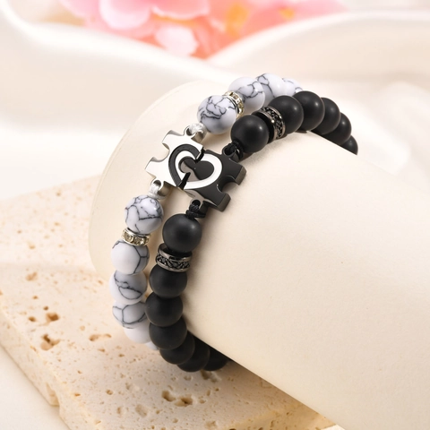 Bracciale Regolabile in Acciaio Inossidabile con Perline Puzzle a Cuore per Coppie Intrecciato Agata Turchese Bianco Regalo