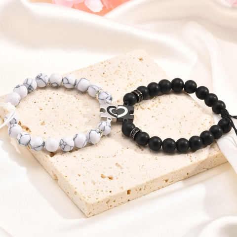 Bracciale Regolabile in Acciaio Inossidabile con Perline Puzzle a Cuore per Coppie Intrecciato Agata Turchese Bianco Regalo