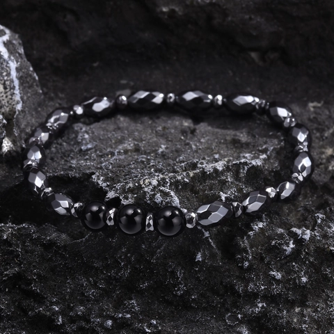 Minimalist Men Faceted Hematite And Round Black Agate Beaded Bracelet Elastic Stretch Natural Stone Wristband Fashion Jewelry Gift