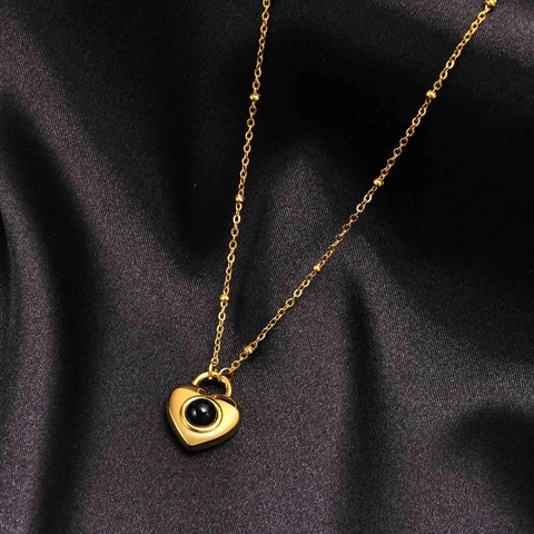 Edelstahl Herz Anhänger Halskette Für Damen Gold Plattiert Schwarzer Achat Projektion Stein Mode Schmuck Zubehör Geschenk