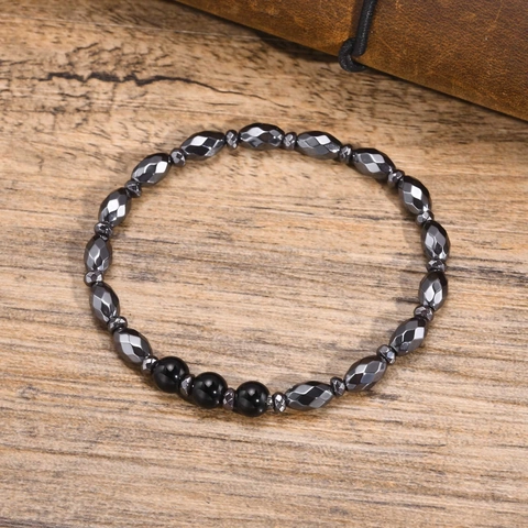 Minimalist Men Faceted Hematite And Round Black Agate Beaded Bracelet Elastic Stretch Natural Stone Wristband Fashion Jewelry Gift