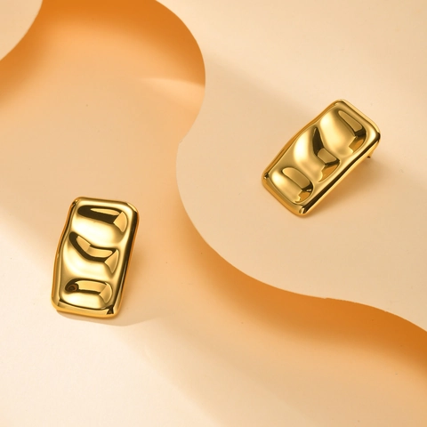 French Style Stainless Steel Wrinkled Rectangular Stud Earrings Gold Plated Hammered Texture Fashion Jewelry For Women